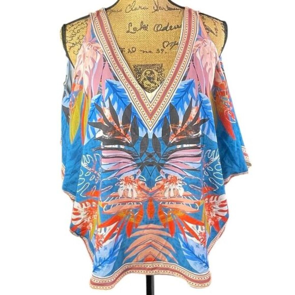Braeve Women's Boho Cold Shoulder Top Size Small Blue White‎ Floral VNeck